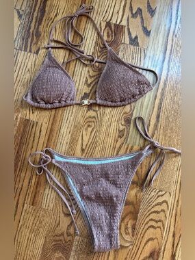Smocked Triangle Tie-Side Bikini Set in Mauve Brown
